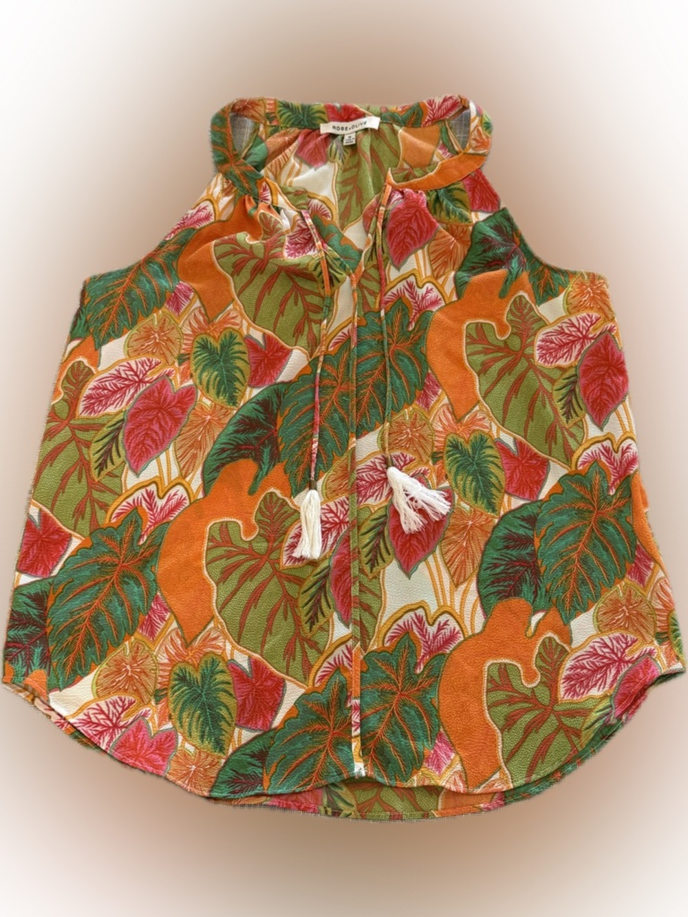 Rose Olive Tropical Sleeveless Blouse Womens Medium Tie Neck